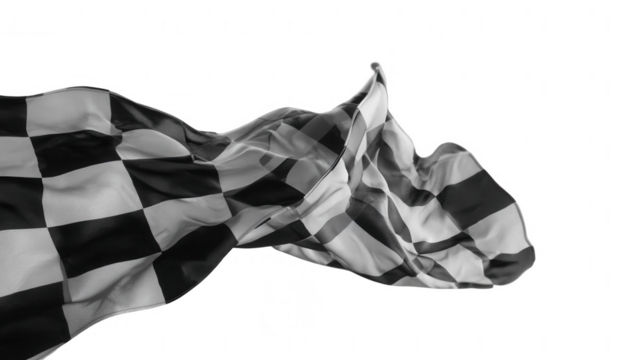 Black and white checkered flag waving in the wind on a gray background, png, transparent