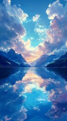 Obraz premium Lake Reflecting Mountains and Clouds at Sunset Scenic Landscape