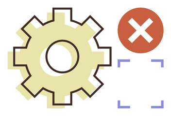 Yellow gear with a red cross mark and purple brackets conveys system failure, error, or process disruption. Ideal for technology, software, workflow, problem-solving, alert systems, diagnostics