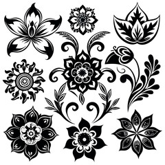 Collection of black and white floral ornaments and decorative elements