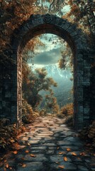Obraz premium Stone Archway Leading to Mountain View with Autumn Leaves