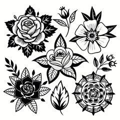 Collection of black and white floral tattoo designs including roses and mandalas
