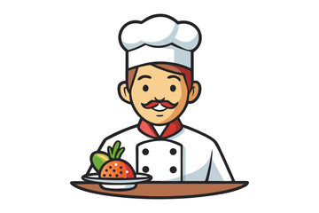 Culinary Maestro's Presentation: A smiling chef, adorned in classic attire, proudly presents a plate of expertly prepared food, embodying culinary artistry and the joy of fine dining.