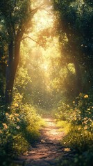 Obraz premium Walking Path Through Sunny Forest with Wildflowers and Golden Light