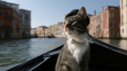 Elegant tabby cat in bow tie and hat relaxing on venice gondola ride