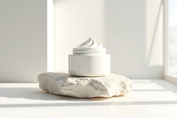 Natural face cream in white jar on stone slab with sunlight, skincare concept