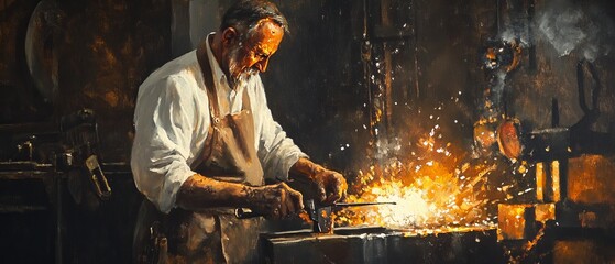 Blacksmith working with metal and fire in a workshop setting.