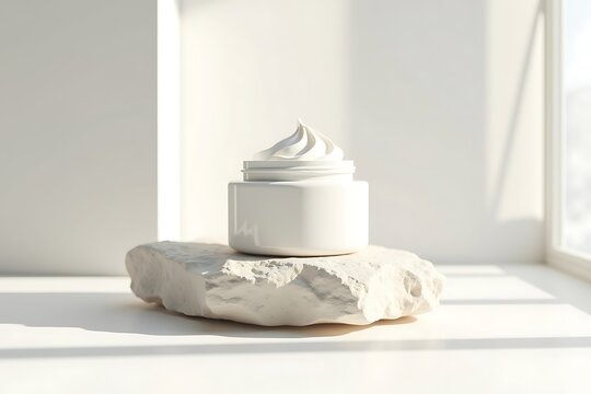 Natural face cream in white jar on stone slab with sunlight, skincare concept