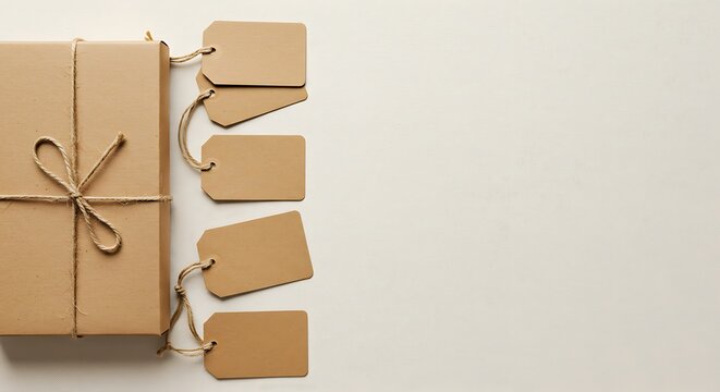 A brown parcel tied with string sits beside blank tags on a neutral background.