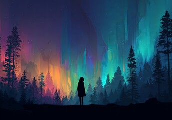 Silhouette of a girl standing in a colorful northern lights forest scene at night