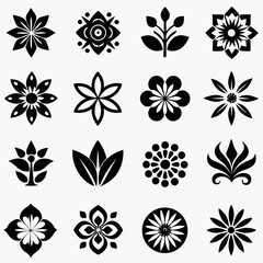 Collection of sixteen stylized black floral and botanical graphic design elements