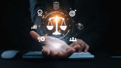 Futuristic digital law interface displaying justice scale, highlighting digital law, AI compliance,...
