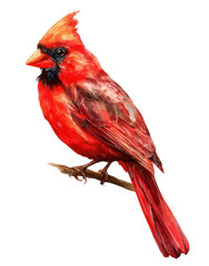 Watercolor illustration of a red cardinal bird on a white background, png, transparent