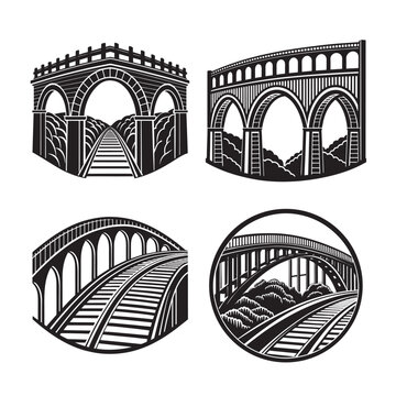 silhouette arched railroad bridge set bundle on the white background