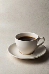A photorealistic vertical stock image of a single ceramic coffee cup with matching saucer, placed on a clean plain white background
