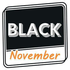 Bold black november text design with white outline and orange script