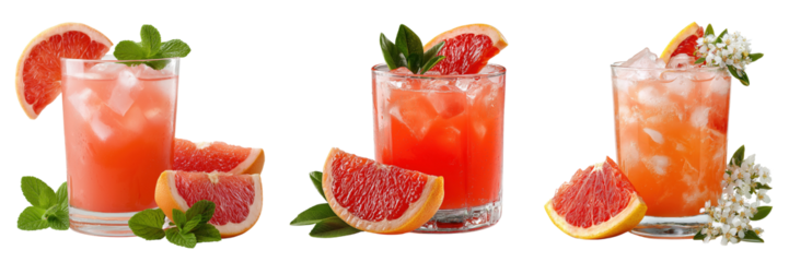 Set of grapefruit juice cocktails topped with mint leaves on a transparent background