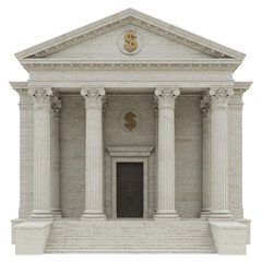Fototapeta premium Illustration of a classical bank building facade with columns and dollar symbols on a black background on transparent background