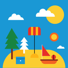 Fototapeta premium Colorful cartoon island with trees sun and sailing boat