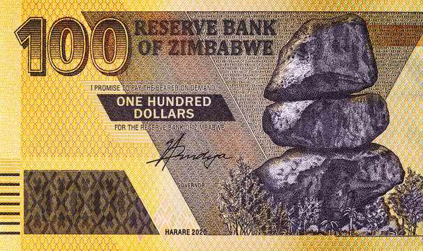 Zimbabwe 100 dollar banknote, fragment for designers. Zimbabwe paper money.