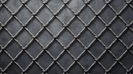 Fototapeta premium Close-up of a rope net with weathered texture, arranged in diamond-shaped patterns against a dark, rough background.