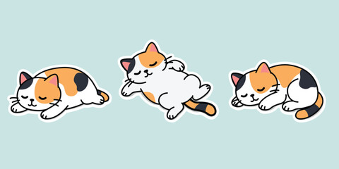 Lazy cute calico cats are peacefully sleeping in different cozy positions, vector illustration