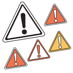 Collection of warning signs with exclamation marks in different colors and sizes
