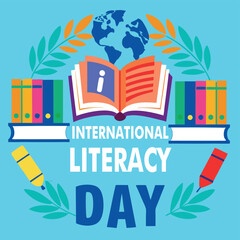 Obraz premium International Literacy Day with books globe and laurels