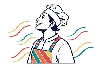 Chef's Culinary Daydream: A chef wearing hat and apron dreams of aromatic culinary creations, surrounded by swirls of flavor and inspiration. 