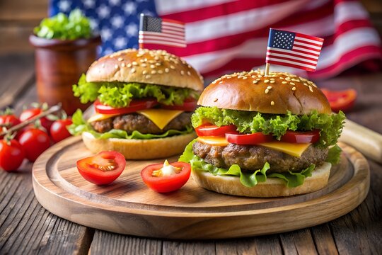 Two delicious american hamburgers with cheese, lettuce, and tomato sit on a wooden board