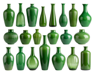 Set of Green Ceramic and Glass Vases, Isolated on Transparent Background