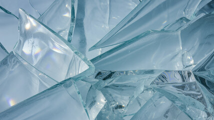 Obraz premium Abstract close-up of frozen cracked glass or ice in light blue and silver, geometric shards reflecting light like prism