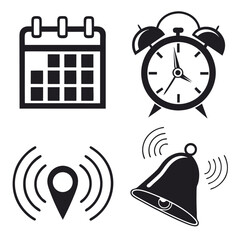 Collection of four black and white icons representing time location and notifications