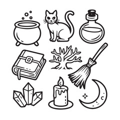 A mystical collection of witchcraft symbols including a witchs cat, cauldron, potion, broom, and spell book for magical themes