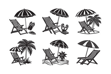 silhouette beach chair and umbrella  set bundle on the white background