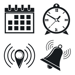 Calendar alarm clock location pin and bell icons representing time schedule and alerts
