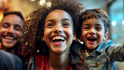 Family enjoys fun day at museum capturing joyful moments together, Happy family having fun in museum and video recording themselves - Powered by Adobe