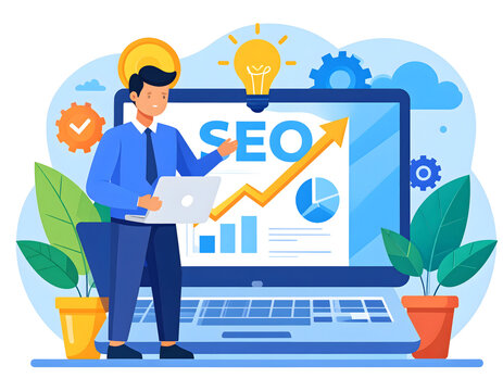 Digital marketer working on SEO strategy on laptop, transparent background.