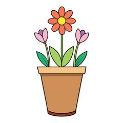 Colorful spring flowers in a pot, blooming brightly with pink, yellow, and purple petals, fresh green leaves, and vibrant energy, bringing cheerful spring vibes indoors.
