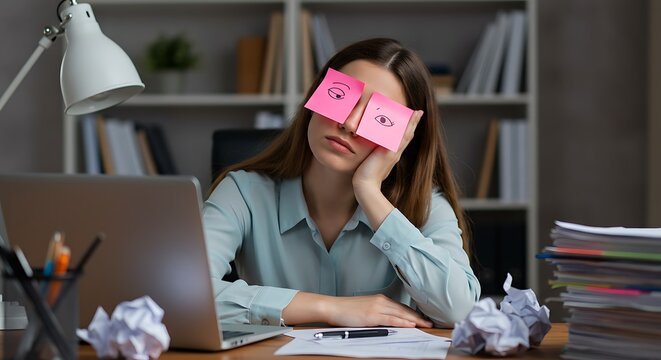 Tired businesswoman with sticky notes over eyes, overwhelmed by work in cluttered office.