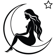 Beautiful woman sitting on crescent moon with star silhouette