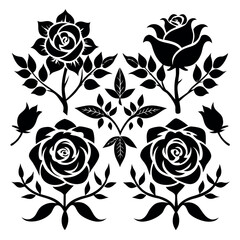 Black silhouette rose flower designs with leaves and buds