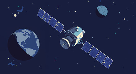 Satellite in space with planet and moon