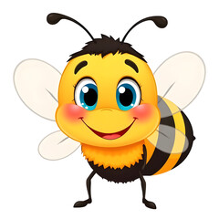 Obraz premium Cute smiling cartoon bee clipart with big blue eyes, yellow and black stripes, adorable wings, perfect for kids, stickers, designs