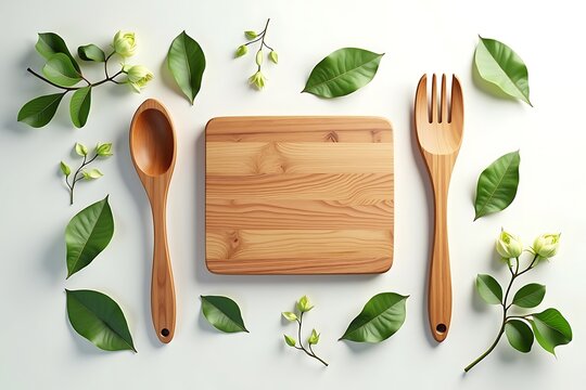 Wooden cutlery and plate set with green leaves on white background, natural theme