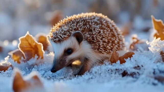 Curious hedgehog sniffs the ground among autumn leaves, blending natural behavior with seasonal beauty.
