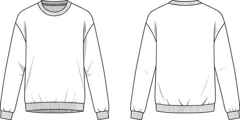 Minimalist white crew neck sweatshirt technical drawing, front and back view, blank long sleeve apparel template, vector illustration for casual fashion design. © Arman Creatives