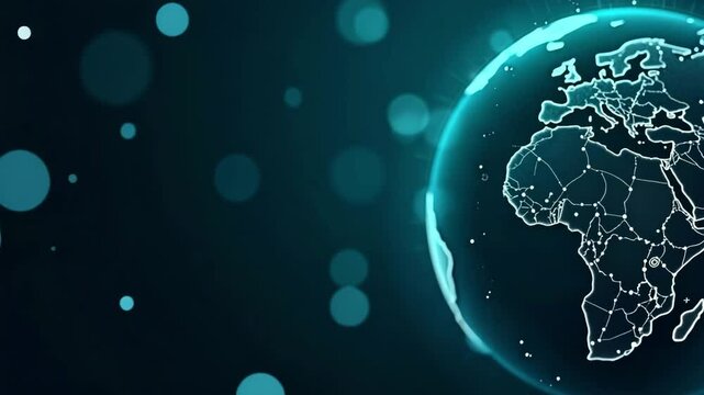 Glowing earth globe with connections on a dark blue background with bokeh circles effect 100 char
