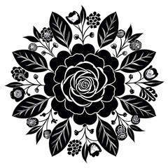 Black and white floral mandala design with rose and leaves