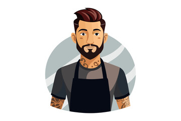 Artisan Portrait: An illustration of a stylish male artisan with a beard, tattoos, and apron, exuding professionalism and artistry.